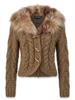 LOVE SEX MONEY Italy Vintage Chunky Cable Knit Cardigan Detachable Fur Collar-XS